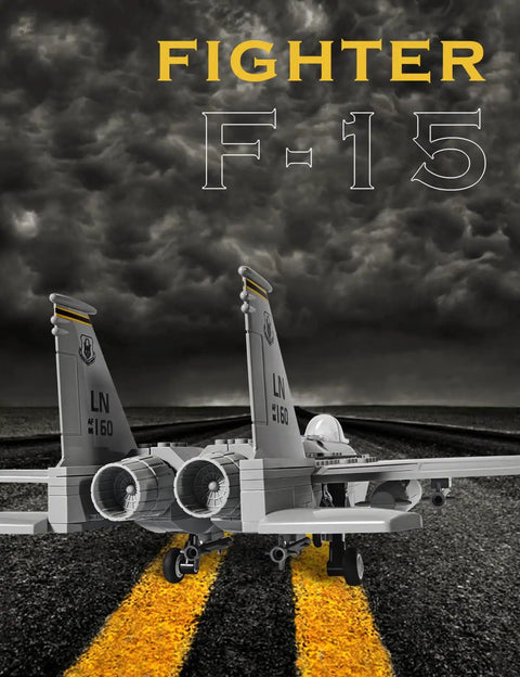 Back view of F 15 Eagle Fighter Jet Building Block Set with 262 pieces for kids ages 8 and up on a runway