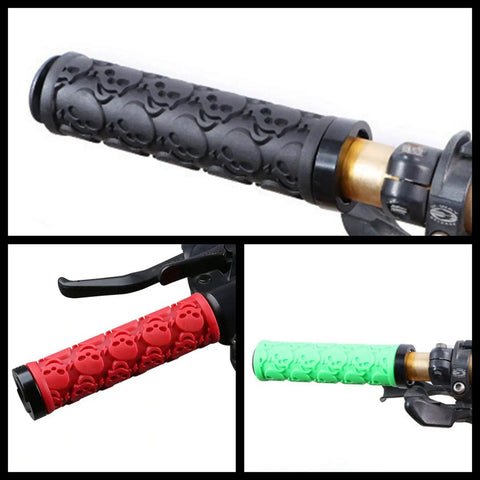 Black, red, and green skull style lock on bicycle handlebar grips set soft rubber anti slip for mountain and BMX bikes TPR comfort grips.