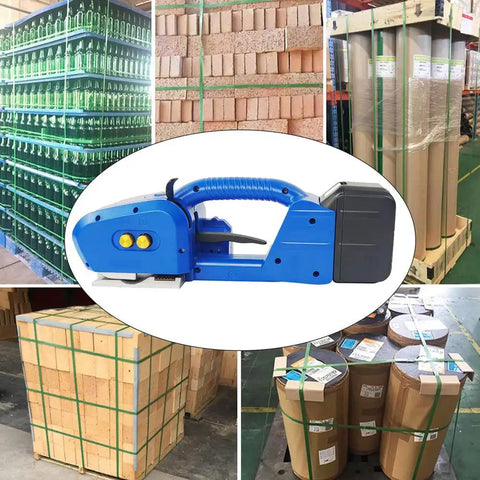 Heavy Duty Electric Strapping Machine With Automatic Tension, Welding And Cutting Functions For 9-16mm PP Pet Straps in warehouse setting.