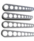 Hella Tough Four Piece Tap And Drill Guide Set With V Groove Floor Base For Round Or Flat Stock Heat Treated Steel Clamping Jig Nailed Precision For Woodworking Metal Fabrication And Professional Shop Works Usa Made showing four steel tap guides with varying hole sizes.