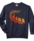 Hawaiian Outrigger Canoe Graphic Sweatshirt for Adults with Polynesian tribal art on navy cotton fabric, front view.