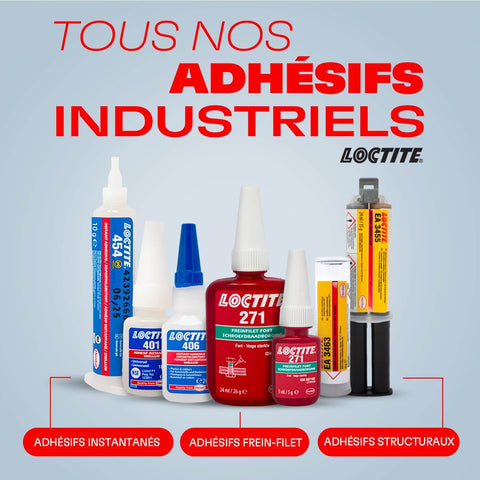 Assortment of Loctite industrial adhesives including threadlockers, instant adhesives, and structural adhesives in various sizes.