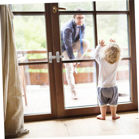 Stainless Steel Sliding Barn Door Lock And Latch Heavy Duty Rotating Hasp With Secure Gate Bolt on a wooden door with child and adult.