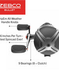 Top view of Bullet Spincast Reel with GripEm All-Weather Handle Knobs, featuring 9 bearings and fast retrieve speed.