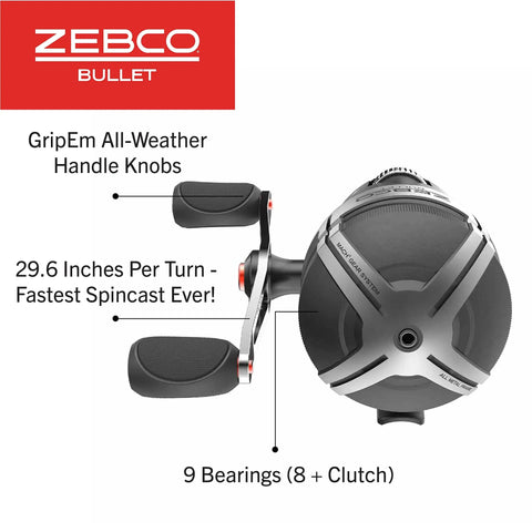 Top view of Bullet Spincast Reel with GripEm All-Weather Handle Knobs, featuring 9 bearings and fast retrieve speed.