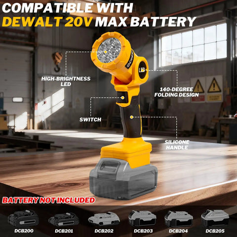 Cordless LED Work Light With Beefy 1000 Lumen Beam, Compatible With 20V MAX Batteries shown on wooden table in workshop.
