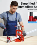 Man using Heavy Duty Ratchet Pipe Threader Kit With Five Swappable Die Heads For Galvanized And Steel Tubing on a workbench.