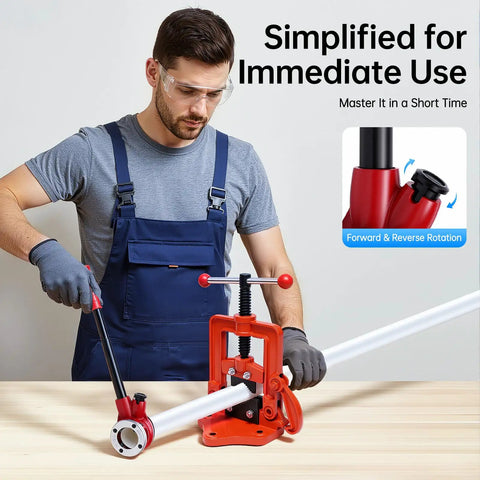 Man using Heavy Duty Ratchet Pipe Threader Kit With Five Swappable Die Heads For Galvanized And Steel Tubing on a workbench.