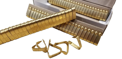Numbered Brass Jiffy Wing Bands For Poultry USA Made 100 Count in packaging showing numbered brass clips