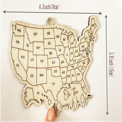 Wooden USA Map Wall Decor For Travel Buffs With All 50 State Abbreviations Engraved Ornament, 6.3 inch wooden map with hanger.