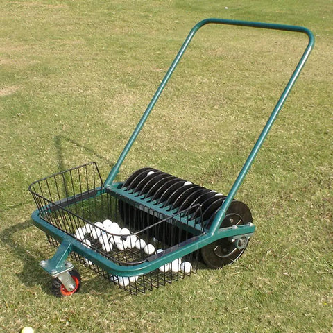 Effortless Golf Ball Picker And Retriever With 600 Ball Capacity, 13-Channel Ball Collector on grass, no bending needed.