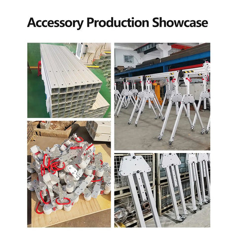 Accessory production showcase of Heavy Duty Portable Gantry Crane components in aluminum, highlighting foldable frame and casters.