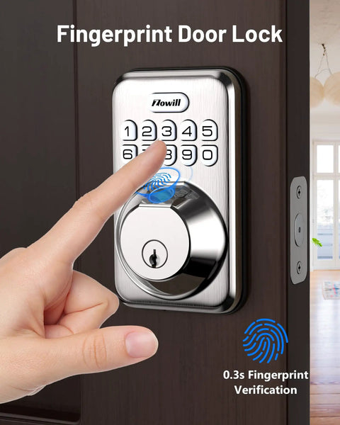 Person using smart fingerprint door lock with keyless entry and 20 biometric fingerprints for quick access on wood door.