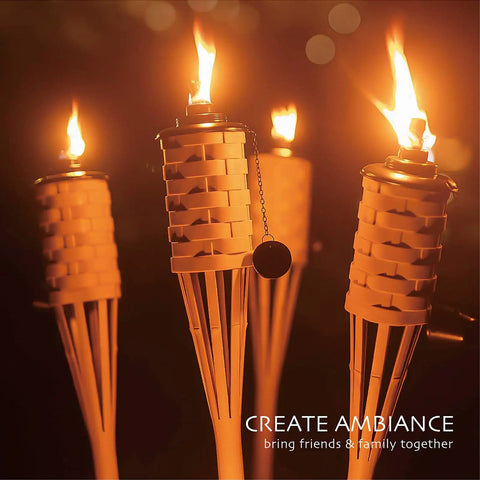 Bamboo Tiki Torches Outdoor Citronella Torches Weathered Color 4 Pack Large Patio Torches for Tropical Decor Lighting at night.
