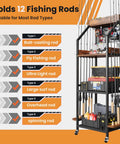 Three-Tier Fishing Rod Rack With Pegboard Hooks And Wooden Top Box, holds 12 rods, fishing gear organized in rolling storage unit.