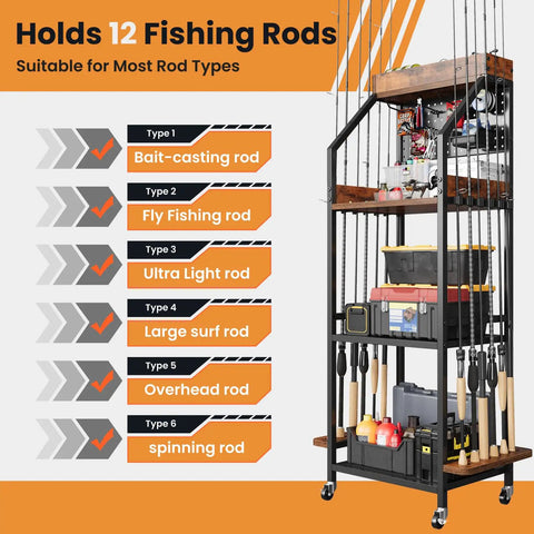 Three-Tier Fishing Rod Rack With Pegboard Hooks And Wooden Top Box, holds 12 rods, fishing gear organized in rolling storage unit.