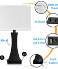 Table Lamp For Bedroom With 3 Way Dimmable Touch Control Dope Bedside Lamp With USB A And USB C Port And AC Outlet 21.6 Inch