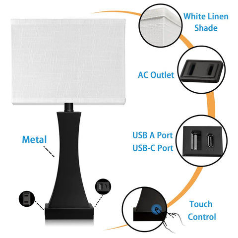 Table Lamp For Bedroom With 3 Way Dimmable Touch Control Dope Bedside Lamp With USB A And USB C Port And AC Outlet 21.6 Inch