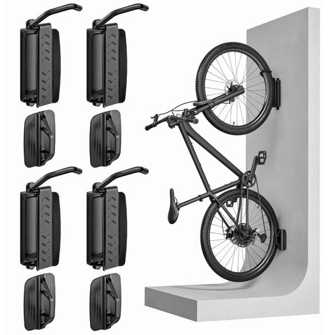 Four Pack Heavy Duty Bike Wall Mounts With Swivel Hangers, Holds Up To 77 Lbs Each, Indoor Garage Storage for safe space-saving.