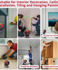 16 Line Green Laser Level With 4x360 Degree Coverage Self Leveling Remote Control Class 2 Less Than 1mW Power Output 98 Feet Range Ideal For Construction Indoor Renovation DIY Projects used for wall, ceiling, and cabinet alignment