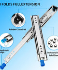 Beefed Up Heavy Duty Locking Drawer Slides With Full Extension And Ball Bearing Rails showcasing 3-fold design and components