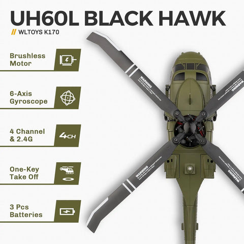 Top view of UH60L Black Hawk RC Helicopter with Brushless Main Motor 4CH Remote Control 6 Axis Gyro 2 4G Radio Outdoor Ready.