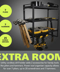 Wall Mounted Power Tool Organizer With 4 Layer Drill Rack And Side Holders For Screwdrivers Pliers And Hammers Heavy Duty Metal Garage Storage Shelf In Black shown with tools.