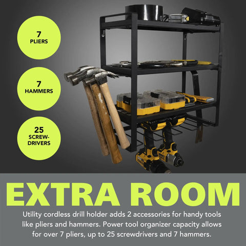 Wall Mounted Power Tool Organizer With 4 Layer Drill Rack And Side Holders For Screwdrivers Pliers And Hammers Heavy Duty Metal Garage Storage Shelf In Black shown with tools.