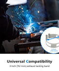 Heavy Duty 3 Inch Stainless Steel Exhaust Tacking Band Clamp Locks Down Tight For Zero Fuss Weld Setup And Dead Straight Pipe Fitment On Your Custom Exhaust Build Projects Today, shown in use during welding.