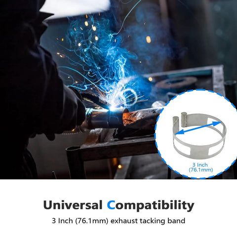 Heavy Duty 3 Inch Stainless Steel Exhaust Tacking Band Clamp Locks Down Tight For Zero Fuss Weld Setup And Dead Straight Pipe Fitment On Your Custom Exhaust Build Projects Today, shown in use during welding.
