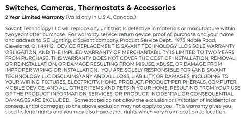 Text description of warranty details for switches, cameras, thermostats, and accessories by Savant Technology LLC.