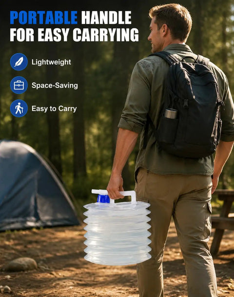 Man carrying Foldable Water Container With Spigot And Gloves 3L For Camping And Travel near a tent