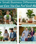 Collage showing plant care with images of people holding plants, responsibly sourced materials, and a family business theme.