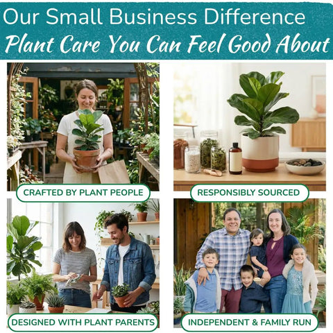 Collage showing plant care with images of people holding plants, responsibly sourced materials, and a family business theme.