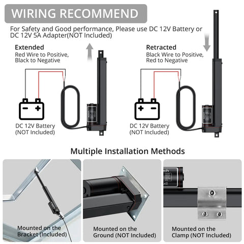 Wiring and installation guide for Heavy Duty 12V Linear Actuator 330 Lbs 1500N 8 Inch Stroke Silent IP65 Electric Actuator With Mounting Brackets.