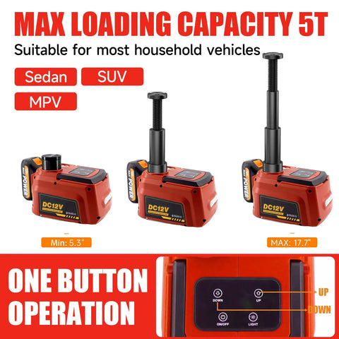 5 Ton Cordless Electric Car Jack Kit With 21V Battery And 4.0Ah Pack, Remote Control Hydraulic Lift for sedan to SUV, max height display