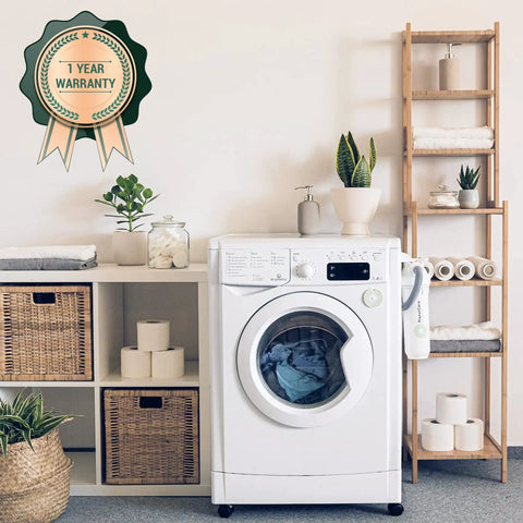 Laundry room with washing machine, warranty badge, wicker baskets, and plants; features Dryer Repair Kit With Heating Element And Thermostat