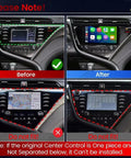 Comparison of Toyota Camry 2018 2019 2020 Wireless CarPlay Android Auto 10 Inch Head Unit installation before and after
