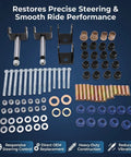 Beefed Up Golf Cart Front End Rebuild Kit For Club Car DS 1993 And Up Gas Or Electric with hardware and bushings displayed