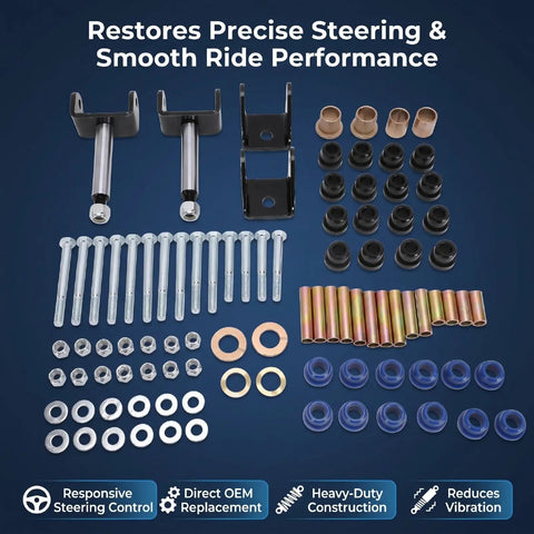 Beefed Up Golf Cart Front End Rebuild Kit For Club Car DS 1993 And Up Gas Or Electric with hardware and bushings displayed