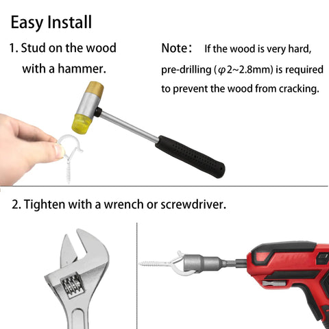 Installation guide for Sick 12 Pack Ceiling Hooks For Hanging Plants And Outdoor Lights with hammer and wrench