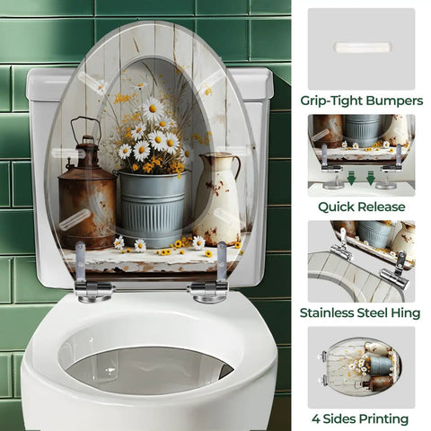 Elongated Toilet Seat QuietClose for Farmhouse Bathroom with floral design, grip-tight bumpers, and stainless steel hinges.