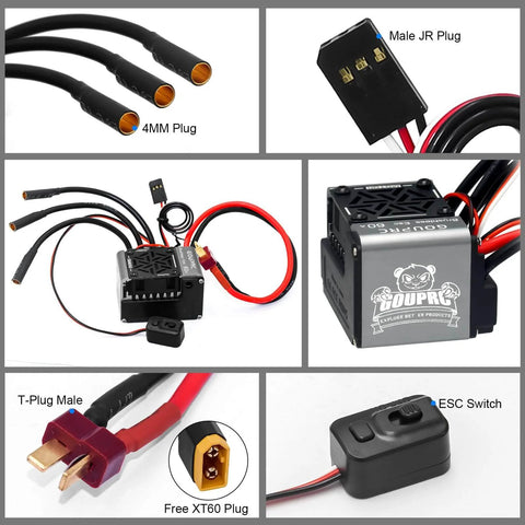 Beefy 9T 4370KV Brushless Motor With 60A ESC Combo Kit for RC buggy, featuring connectors, plugs, and an ESC switch setup.