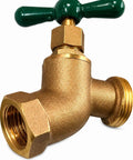 Heavy Duty Solid Brass Garden Hose Bib With 3/4 Inch Fip Inlet And Male Hose Thread Outlet No Kink Outdoor Water Faucet showing green handle.