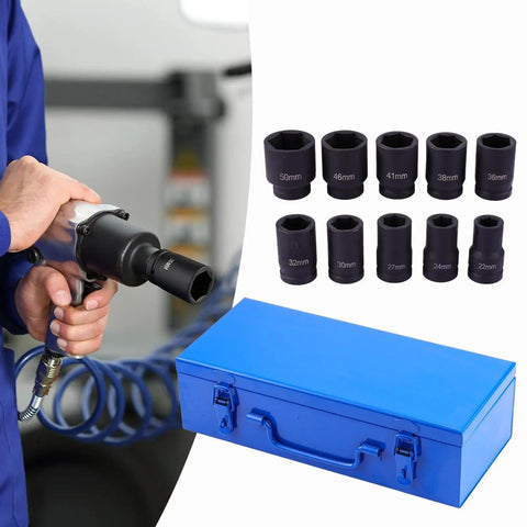 Huge 10 Piece Deep Impact Socket Set With 1 Inch Drive And Steel Construction Perfect For Gnarly Automotive Jobs Or Heavy Industrial Fixes Comes With Neat Blue Storage Box To Keep Tools Snug, 22mm-50mm sockets