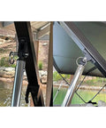 Two silver 316 stainless steel quick-release pins, 1/4 in diameter, with drop cam and springs on marine hardware