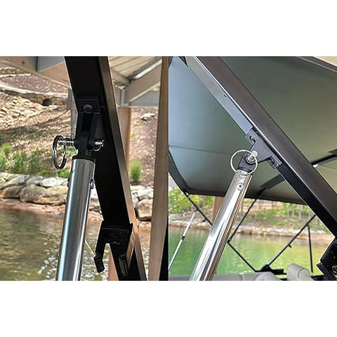Two silver 316 stainless steel quick-release pins, 1/4 in diameter, with drop cam and springs on marine hardware