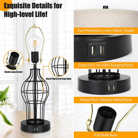 Set Of 2 Touch Control Table Lamps With USB Ports And 3 Way Dimmable Bedside Lights, Fabric Shade, LED Bulbs Included, product details