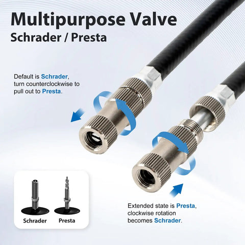 Multipurpose valve compatible with Schrader and Presta for High Pressure Shock Pump With Gauge For Bike Suspension Up To 300 PSI.