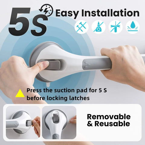 Two Pack Suction Grab Bars For Shower And Bath Removable Heavy Duty Waterproof showing easy installation on smooth surface